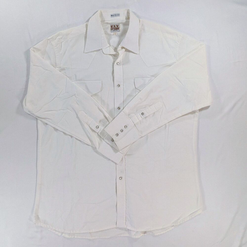ELY CATTLEMAN Shirt Mens 17/34 White Long Sleeve Western Cowboy Pearl Snap flaw